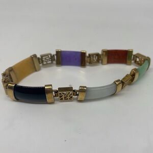 CHINESE 10k Yellow Gold Multi Color JADE Panel Link Bracelet